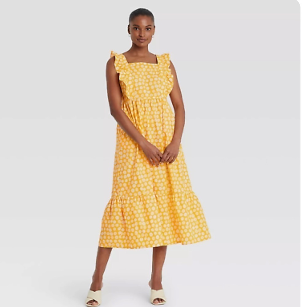 WHO What Wear Women's Ruffle Sleeveless Dress Yellow Polka Dots size XS NWT